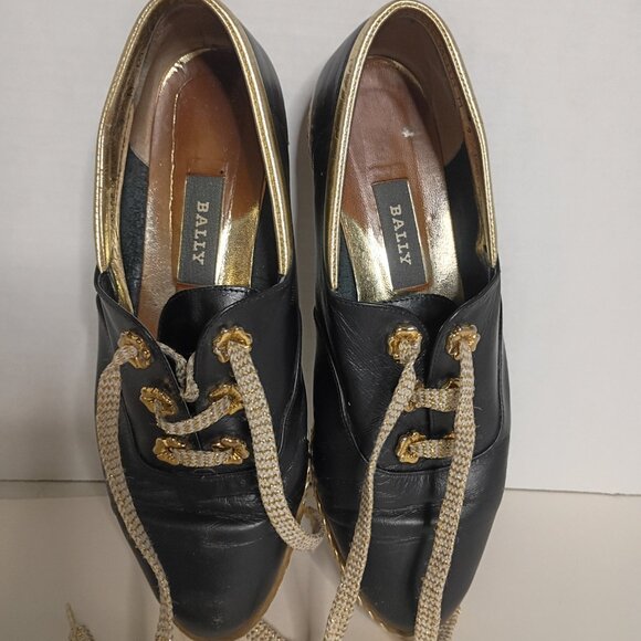 Y2K BALLY "Jallut" Italian Oxford Flats Black Leather Gold Trim Sz 9M - Picture 13 of 15